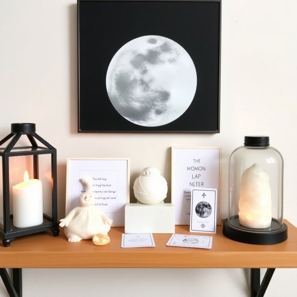 A beautifully styled shelf showcasing a collection of minimalist moon-themed decor, small crystals, and a few carefully chosen oracle cards. The items are arranged artfully, creating a visually appealing and harmonious display. The lighting is soft and warm, enhancing the inviting atmosphere.