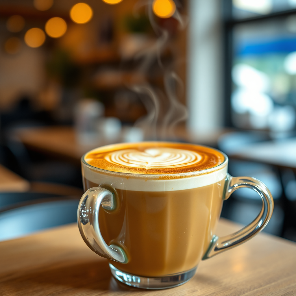 A beautifully styled shot of a freshly brewed cup of coffee with latte art, showcasing the rich colors and textures. The background is a blurred cafe setting with a focus on the steam rising from the cup. High-quality, 4K resolution.