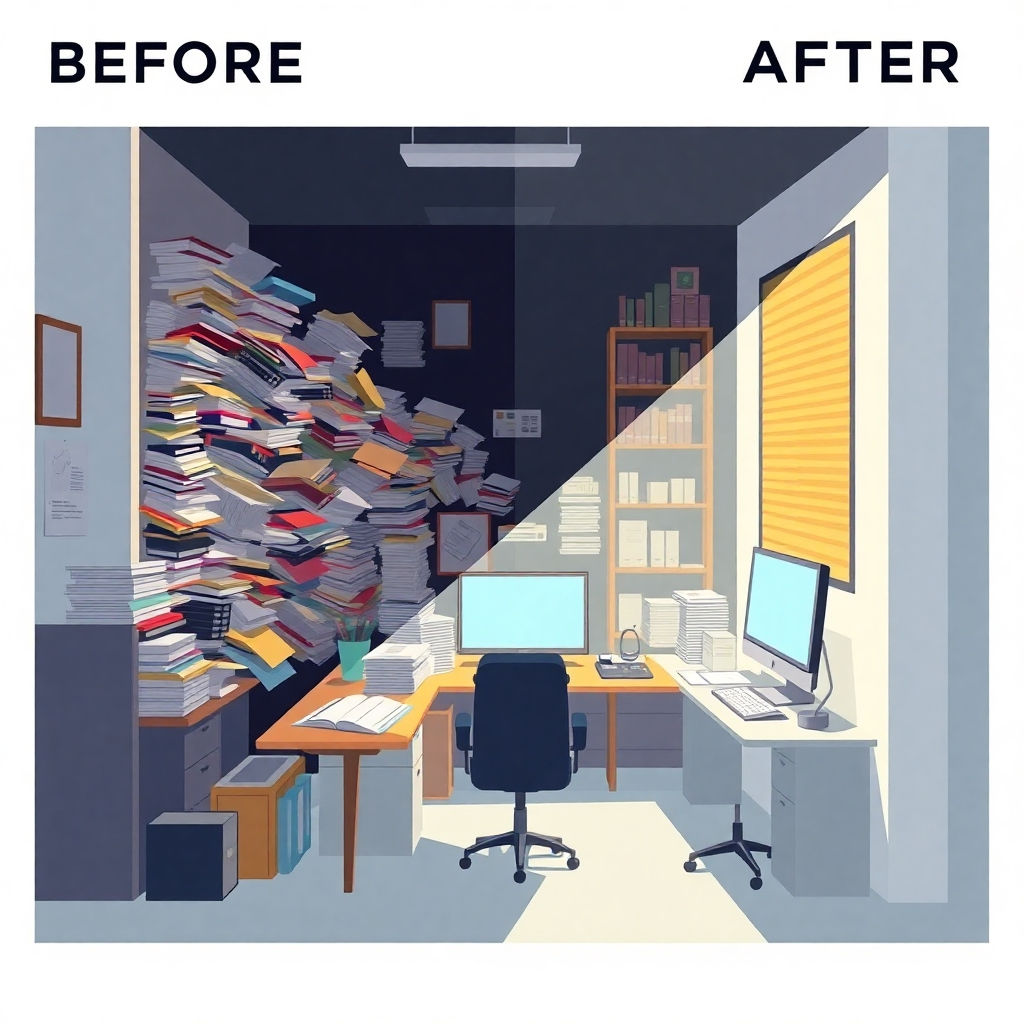 A before-and-after illustration showing a cluttered, overflowing desk transforming into a clean, organized workspace after outsourcing foreign worker paperwork. The 'before' scene is dark and chaotic, while the 'after' scene is bright and efficient. The lighting is used to emphasize the contrast between the two states. Style reference: Infographic meets office supply advertisement.