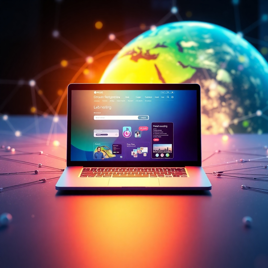 A breathtaking, photorealistic 8K image showcasing the seamless integration of domain registration and web hosting services. The central focus is a sleek, modern laptop displaying a vibrant website interface, surrounded by ethereal, interconnected nodes representing data flow and global connectivity. The background features a stylized representation of the earth, symbolizing worldwide accessibility. Soft, warm lighting emanates from the laptop screen, casting a gentle glow on the surrounding elements. The color palette is dominated by blues, greens, and purples, conveying trust, innovation, and growth. The camera angle is a high-angle shot, providing a comprehensive view of the scene. Textural details are meticulously rendered, showcasing the smooth surface of the laptop and the intricate network of connections. Props include subtle UI/UX elements, like a domain search bar and server icons. The style is hyperrealistic, aiming for a clean and professional aesthetic, inspired by contemporary tech company visuals. Add a sense of depth of field with blurred background elements.