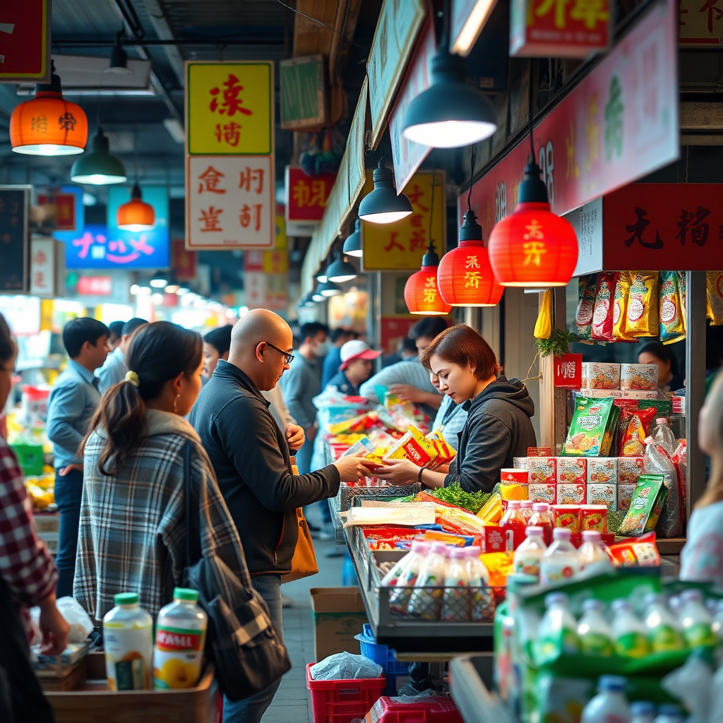 A bustling marketplace scene with a vendor selling 'ปลาส้ม ปลาร้า วันทนีย์' products. Show a variety of customers purchasing the products. Emphasize the availability for both retail and wholesale. Use vibrant, energetic lighting. 4K resolution.