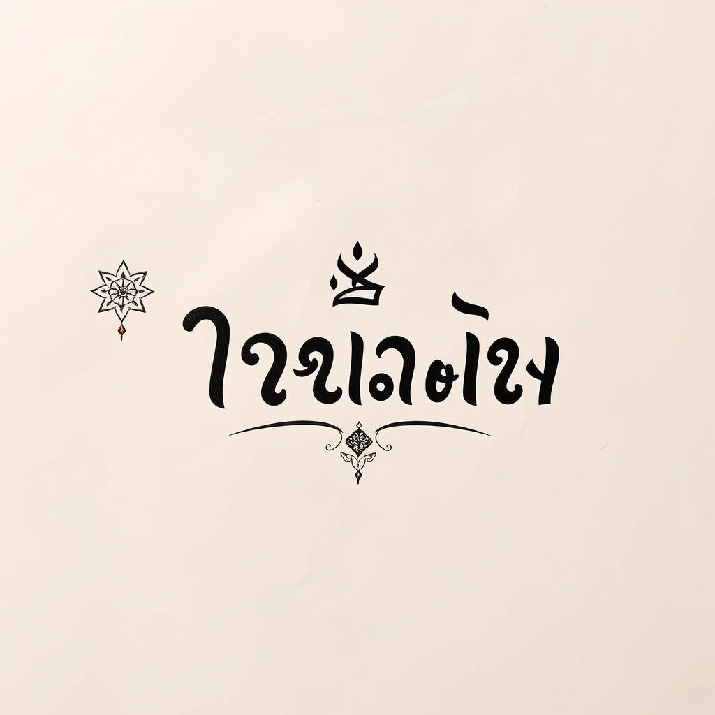 A calligraphic representation of a Thai name written in elegant script, with auspicious symbols surrounding it. The background is a soft, textured paper. Style: Traditional Thai calligraphy with a modern twist.