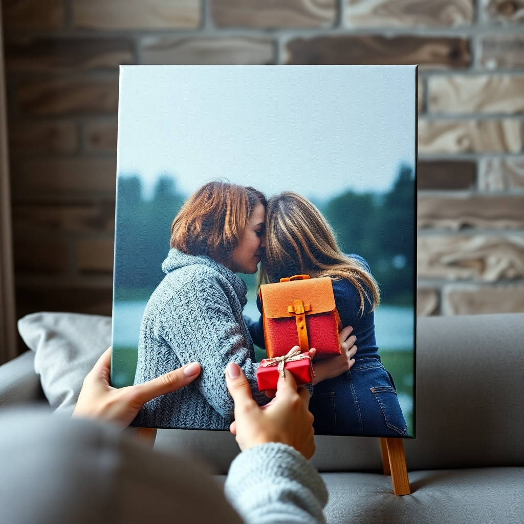 A canvas print displayed as a gift-giving scenario.  Focus on conveying emotional impact. 4K resolution.