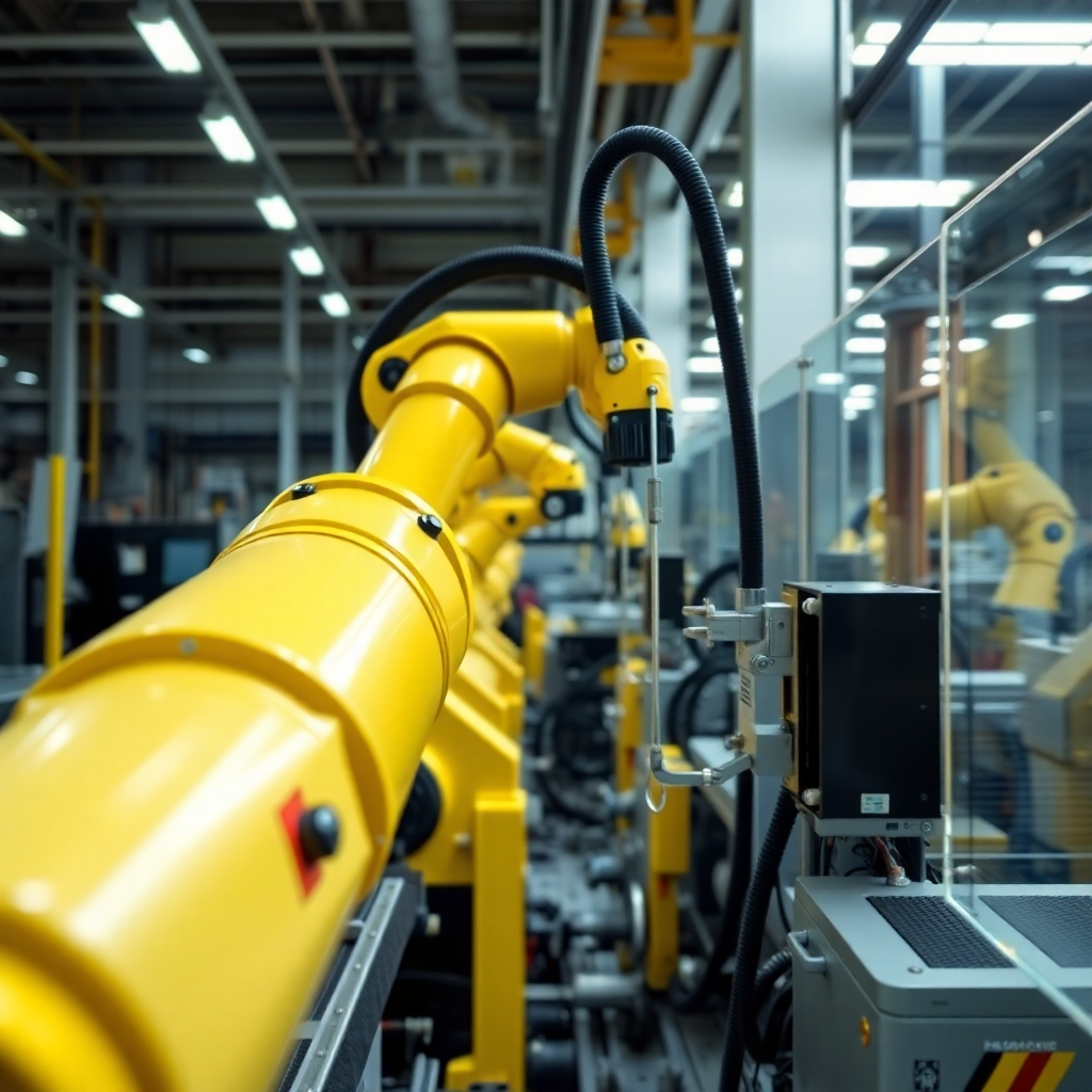 A clean, modern factory setting showcasing the advanced machinery and technology used in the production of acrylic picture frames.  The image should focus on the precision and efficiency of the manufacturing process, highlighting robotic arms or automated systems if present.  Focus on the high-quality materials being used.  The image should be brightly lit and detailed, emphasizing the sleekness of the machinery.