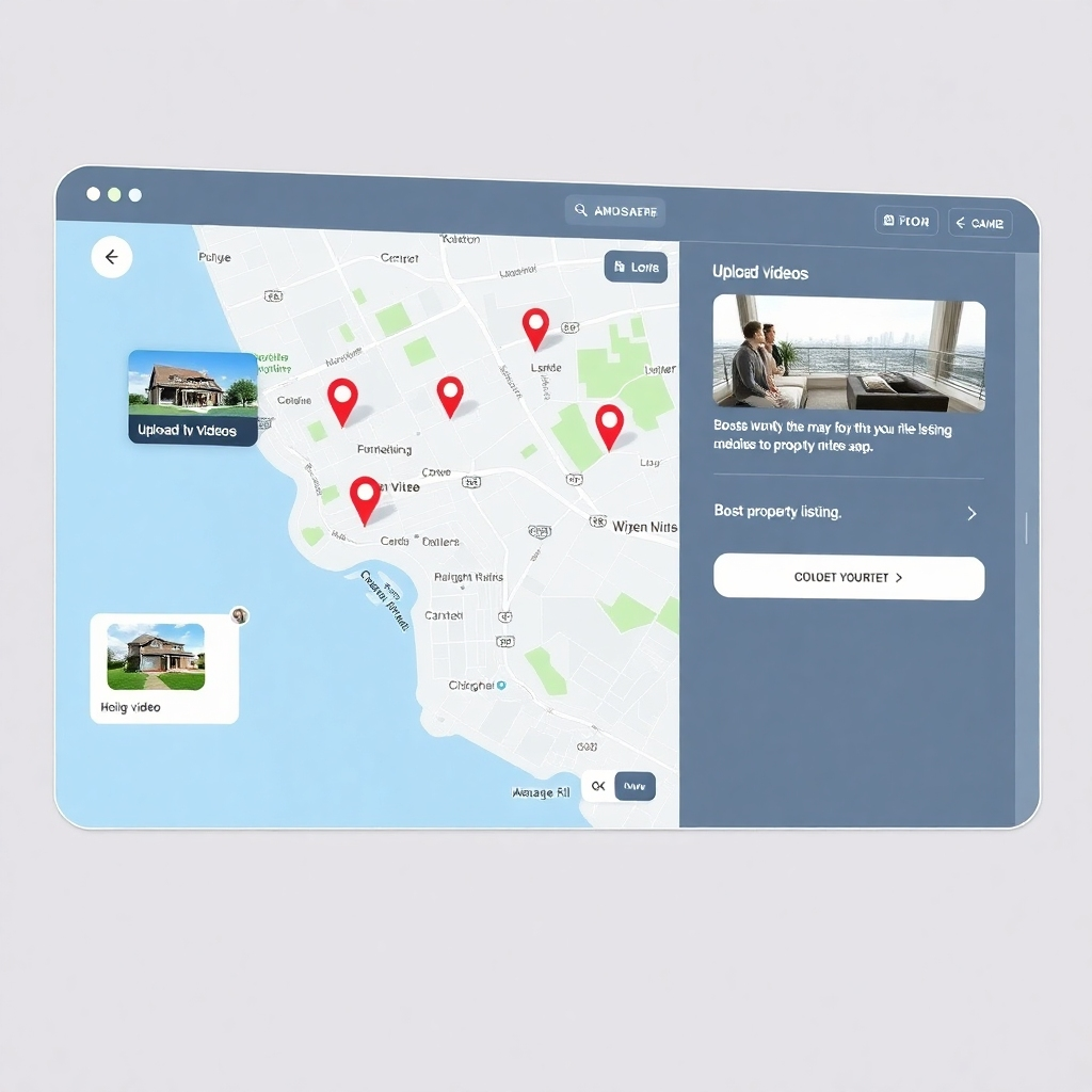 A clean and modern graphic showing a user interface featuring a map with highlighted property locations, an option to upload videos, and a prominent button for boosting a property listing. This graphic should represent a user-friendly interface design that is intuitive and accessible for non-technical users.