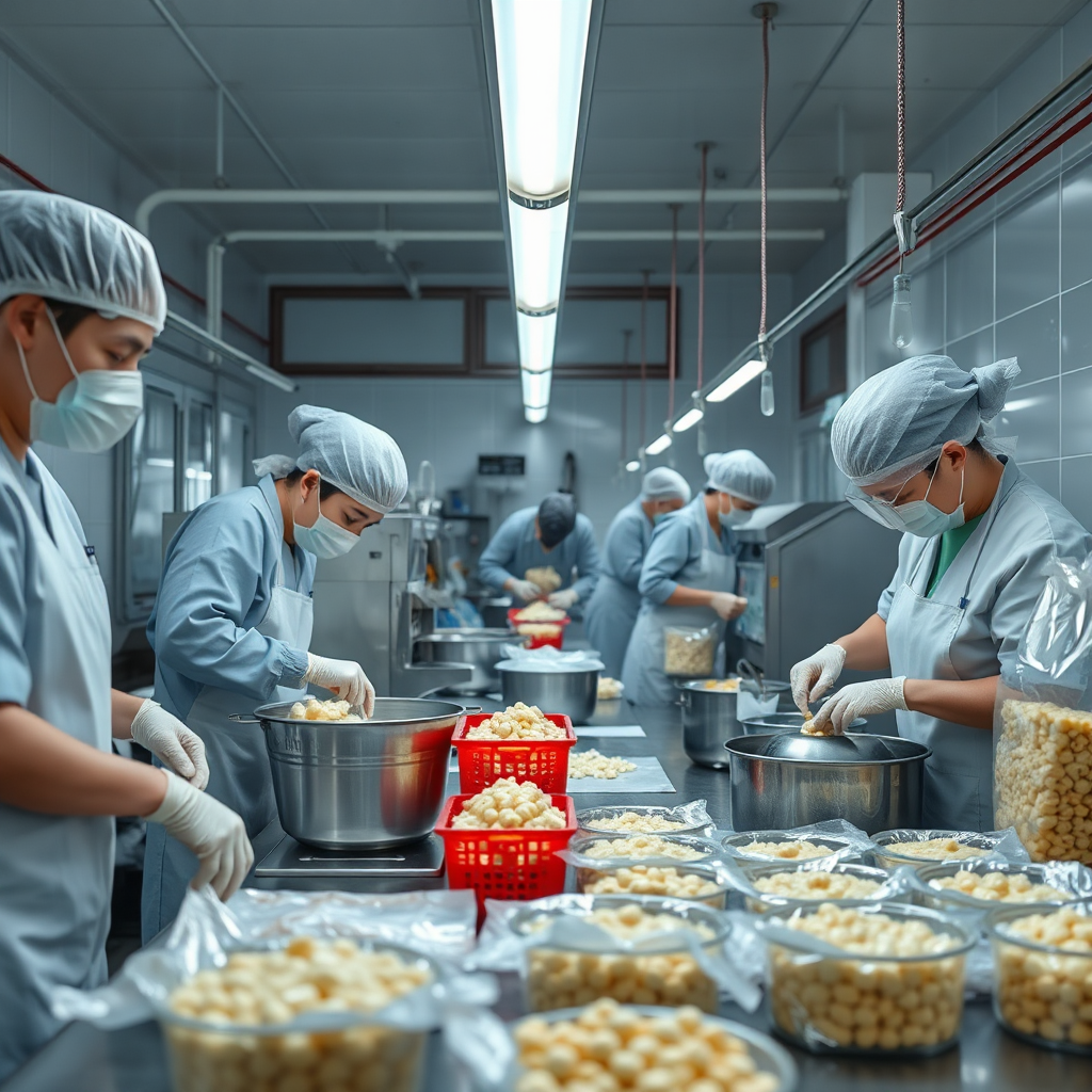 A clean, modern OTOP production facility where workers are diligently and hygienically preparing and packaging 'ปลาส้ม' and 'ปลาร้า'. Show the use of modern equipment alongside traditional methods. Emphasize hygiene and quality control. Use bright, clean lighting. 4K resolution.