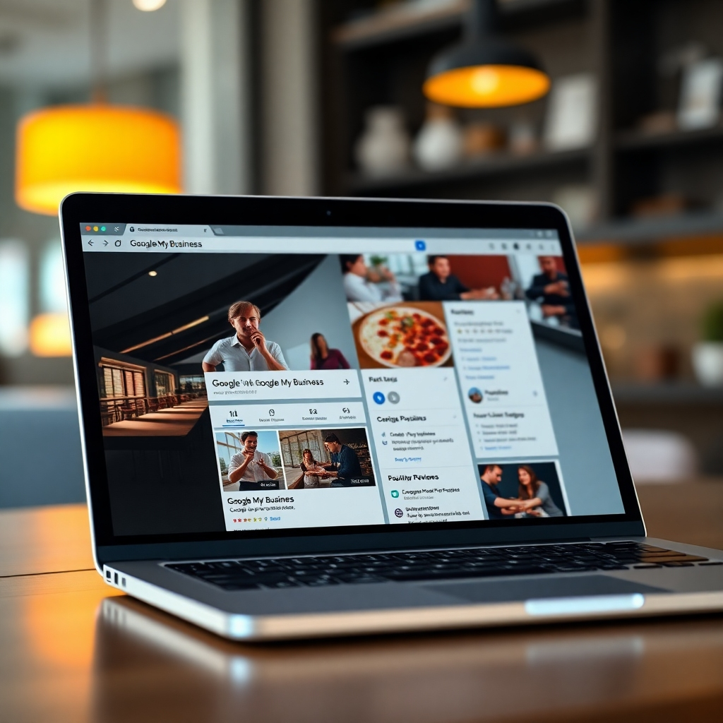A close-up, high-resolution photorealistic image showcasing a meticulously optimized Google My Business profile on a laptop screen.  Highlight key elements like high-quality photos, accurate business information, and positive reviews. The background should be blurred, but the Google My Business interface should be crisp and clear.
