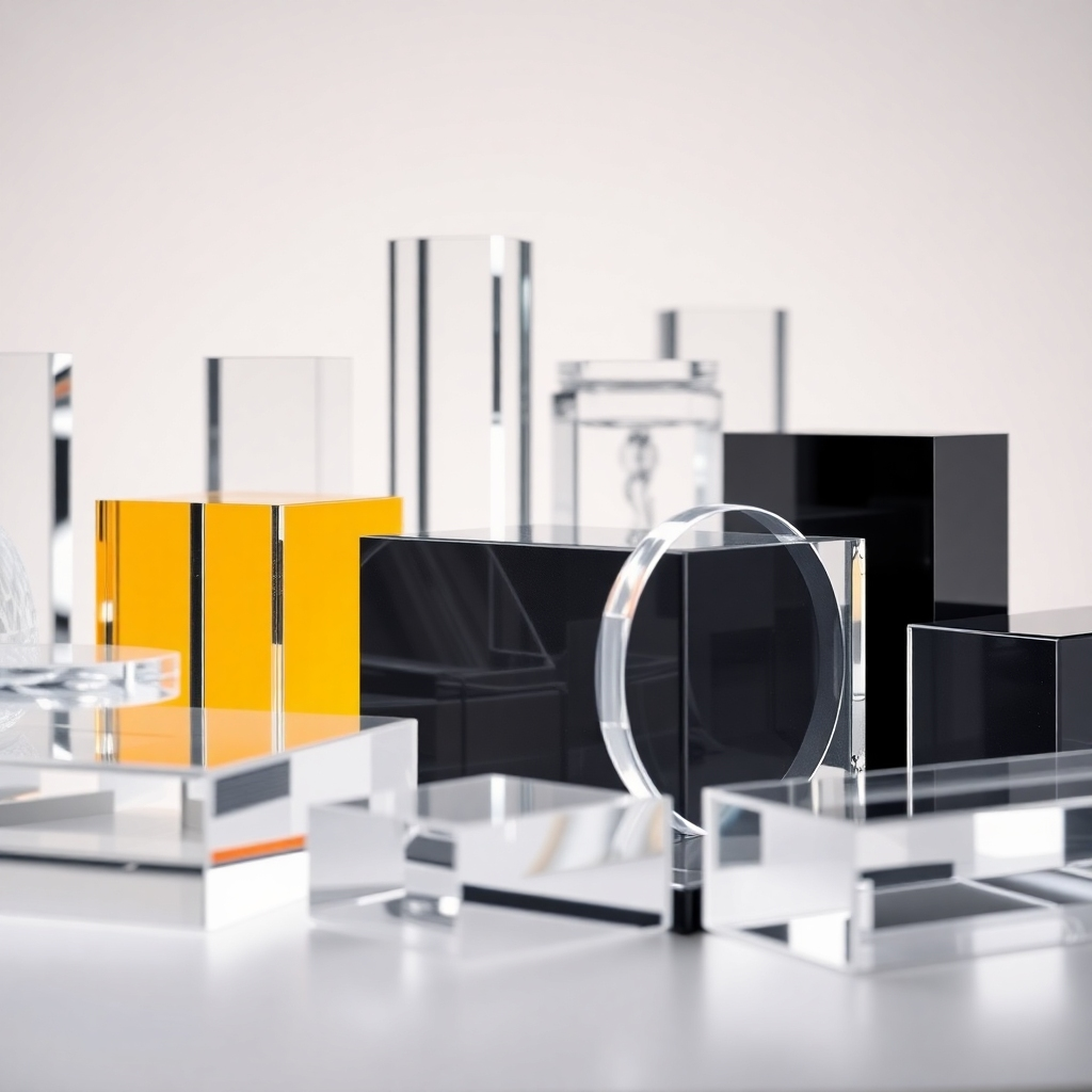 A close-up, highly detailed photorealistic image showcasing the clarity and high quality of various acrylic products.  The image should feature diverse shapes and sizes of acrylic, highlighting its transparency and potential uses.  The background should be a neutral color to emphasize the products' qualities.