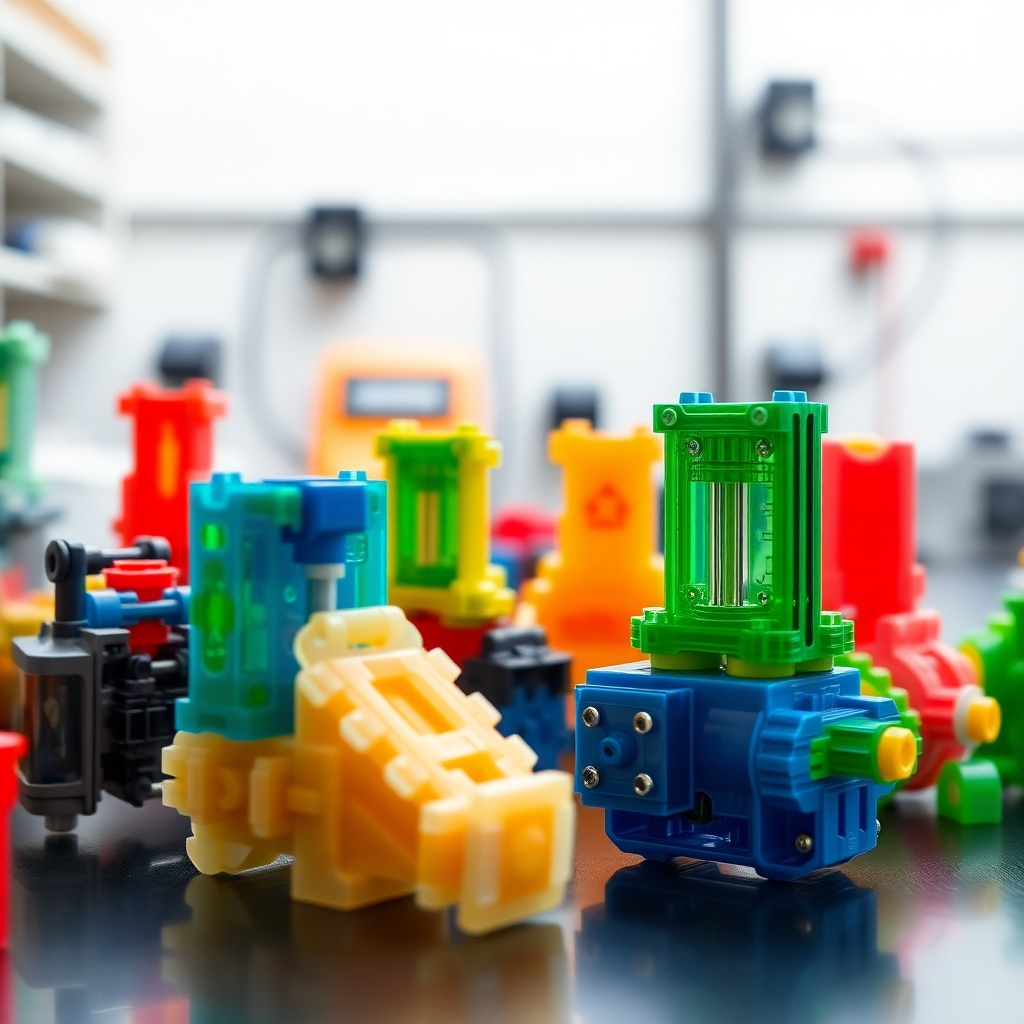 A close-up, photorealistic image of several precisely detailed 3D printed plastic prototypes of a small, intricate mechanical device. The prototypes should be made from PLA filament and show a variety of colors, with clear visible layering, showcasing both functionality and aesthetic appeal. The background should be a clean, minimalist workshop environment.