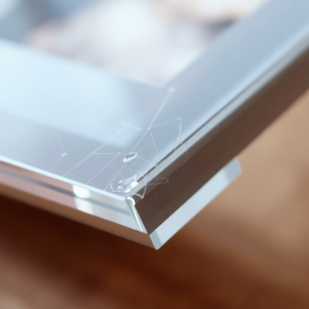 A close-up, photorealistic image of an acrylic picture frame showcasing its durability and scratch resistance. The frame should be slightly scratched or bumped, but with minimal visible damage, highlighting its resilience.  The background should be subtly blurred, emphasizing the frame's clarity and protective qualities. The image should convey a sense of longevity and superior quality.