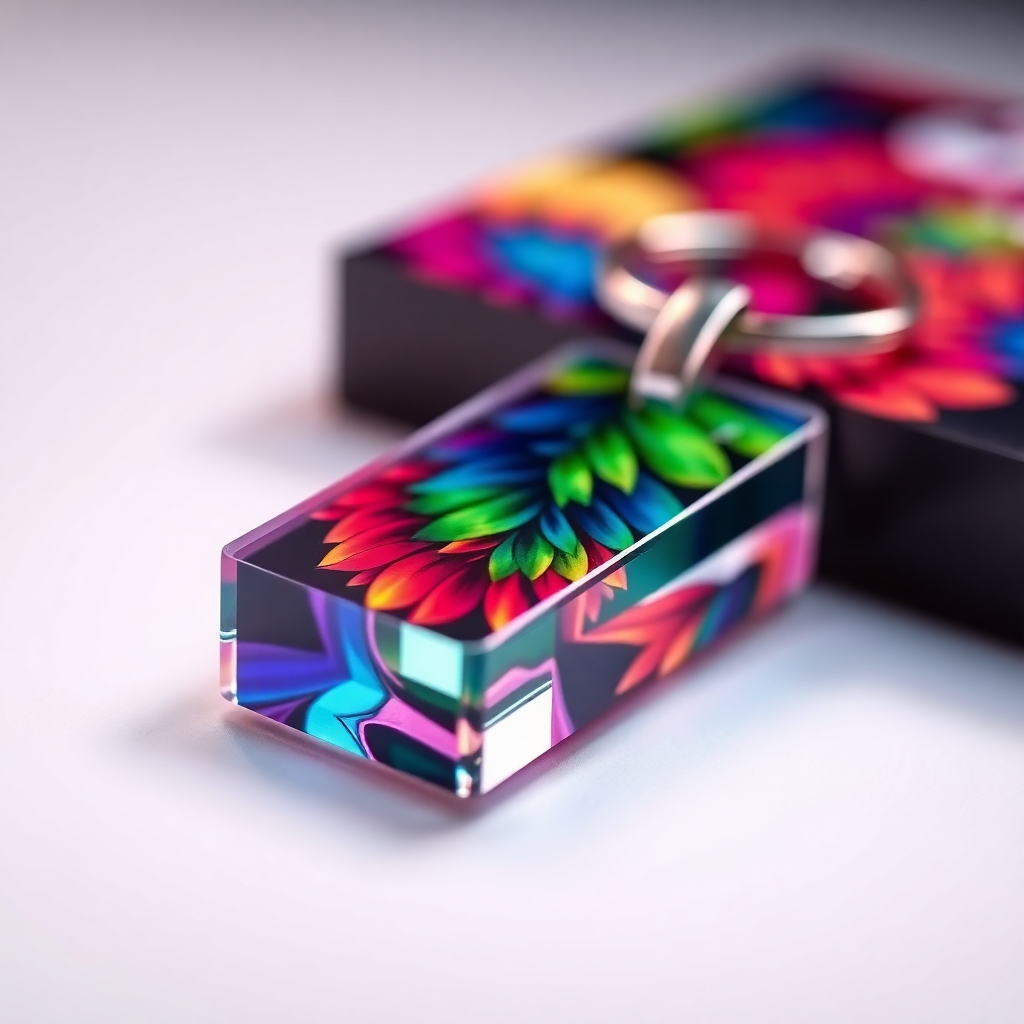 A close-up, high-resolution photorealistic image of a vibrant acrylic keychain with a detailed, colorful design printed using UV printing. The keychain should be sharply focused, showcasing the rich colors and the smooth surface of the acrylic. The background should be clean and simple, allowing the keychain to stand out. The image should emphasize the precision and clarity of the UV printing technique.