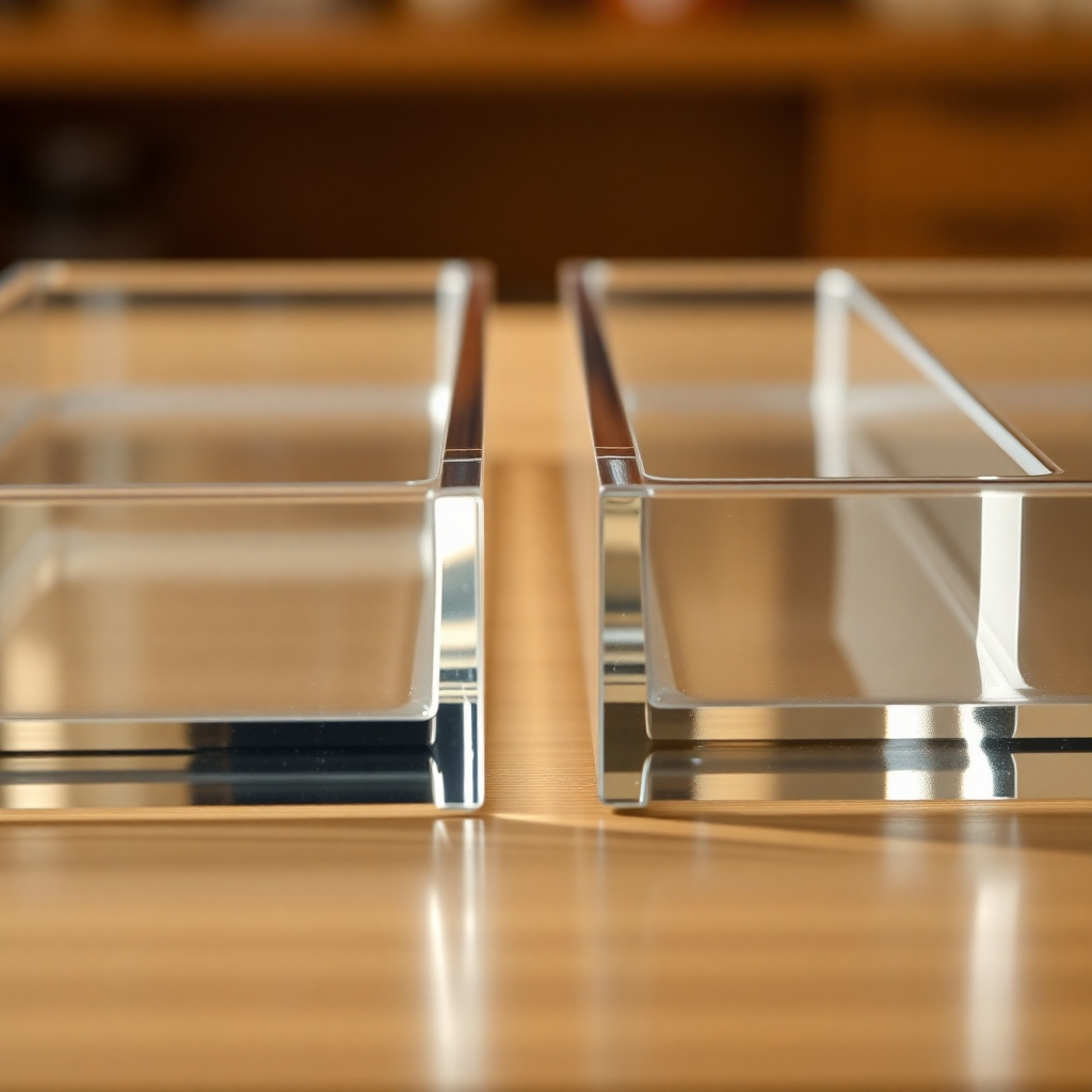 A close-up, high-resolution shot comparing the thickness and sturdiness of different acrylic trays. One tray should be thin and slightly flexible, while another should be thick and rigid.  The image should clearly illustrate the differences in quality and durability.