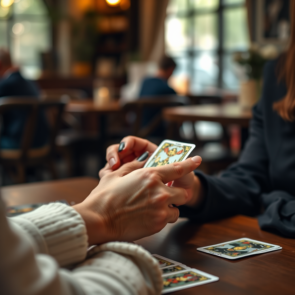 A close-up image of a person receiving a one-on-one tarot card reading. The focus is on the hands and the cards, with a blurred background of a cozy cafe setting. Warm, inviting lighting. Emphasis on personal connection and guidance. 4K resolution.