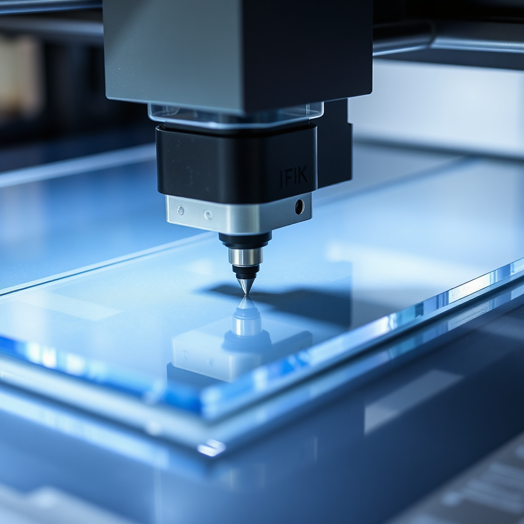 A close-up of a UV printer applying ink to an acrylic sheet, showcasing the precision and detail of the printing process. The lighting is focused on the print head and the acrylic surface. Style: Technical photography.