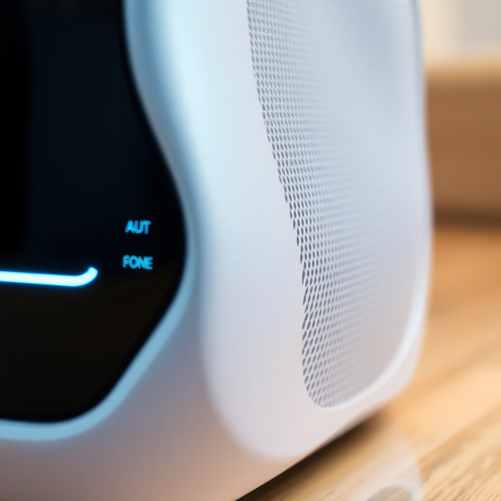 A close-up, photorealistic image of a state-of-the-art smart home device, highlighting its sleek design and advanced technology. The image should convey innovation and sophistication. Focus on realistic textures and details.
