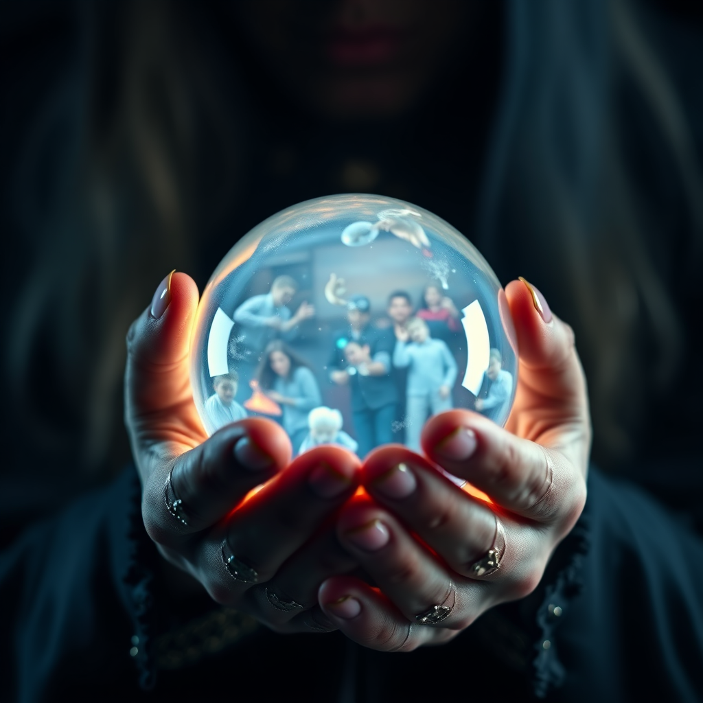 A close-up, photorealistic image of a fortune teller's hands holding a crystal ball. The crystal ball is glowing with a soft, mystical light, revealing blurred images of possible futures. The lighting is dim and dramatic, creating a sense of mystery and intrigue. Style: Mystical, dramatic, and evocative. Technical specs: 4K resolution, high-quality rendering, shallow depth of field.