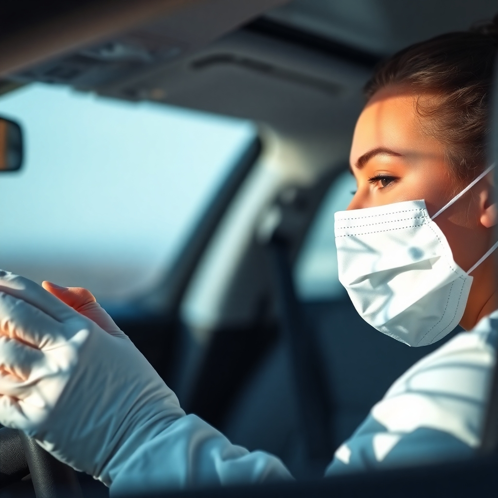 A close-up, photorealistic image focusing on a driver meticulously cleaning and sanitizing the car's interior. The driver's face is partially visible, showing a caring and detail-oriented expression. The lighting is bright and clean, emphasizing the hygiene and attention to detail. The color palette is clean and sterile, with accents of the company's brand colors.