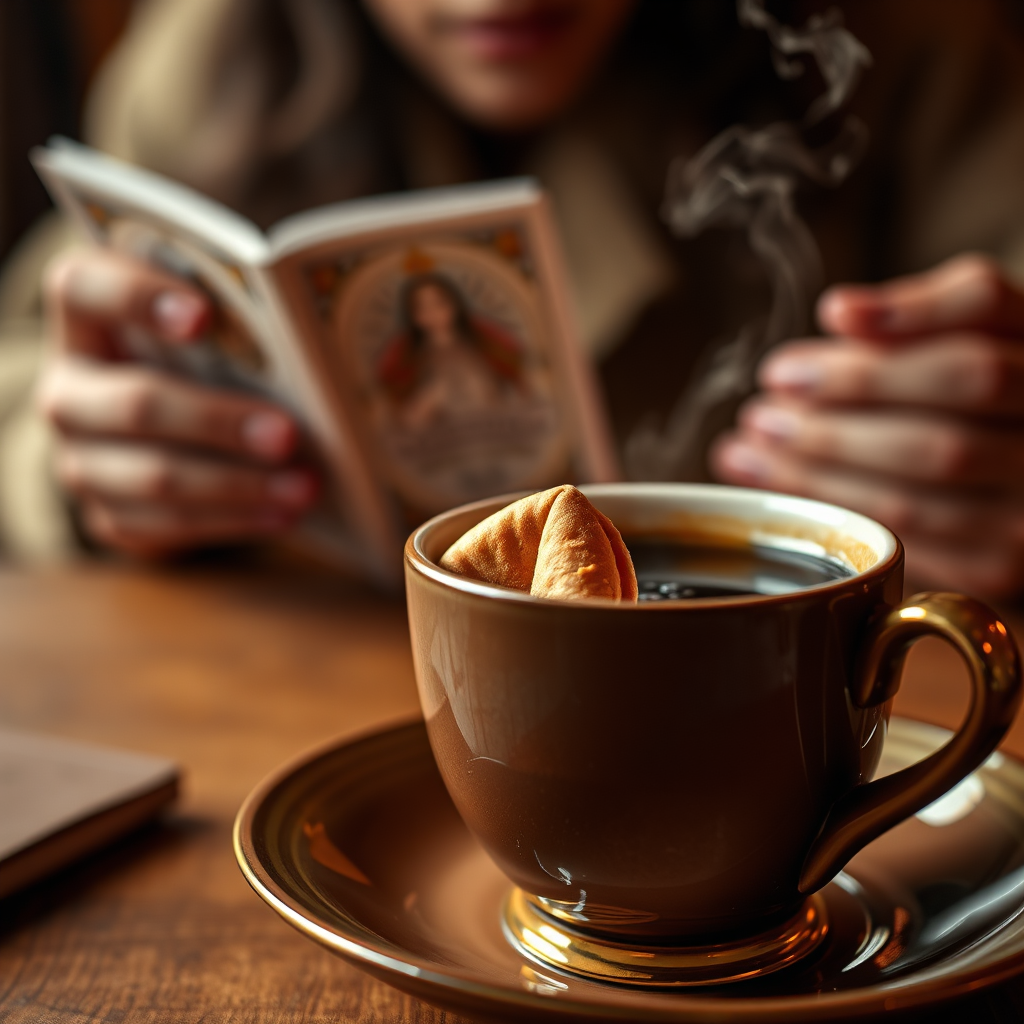 A close-up, photorealistic image of a steaming cup of coffee with a small fortune cookie resting on the saucer. In the background, subtly blurred, is a person reading a tarot card. The lighting is warm and inviting, highlighting the rich colors of the coffee and cookie. Focus is sharp on the cookie, suggesting a hidden message. The color palette is primarily brown and gold. Style: Cozy, inviting, and slightly mysterious. Technical specs: 4K resolution, high-quality rendering, shallow depth of field.