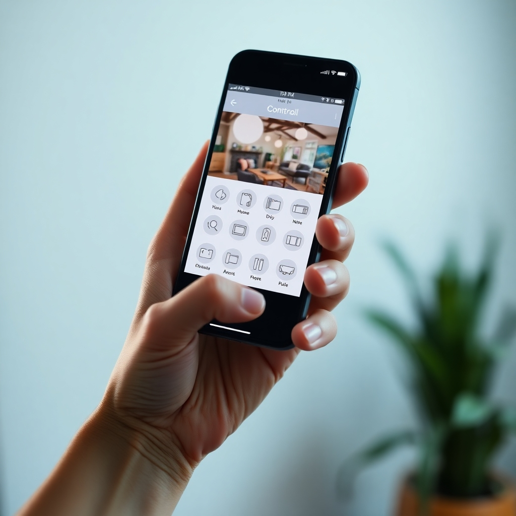 A close-up, photorealistic image of a hand holding a smartphone, displaying a user-friendly smart home control app. The app interface should be clean and intuitive, with clear icons representing various smart home devices. The lighting should be soft and diffused, with a focus on the screen's display.