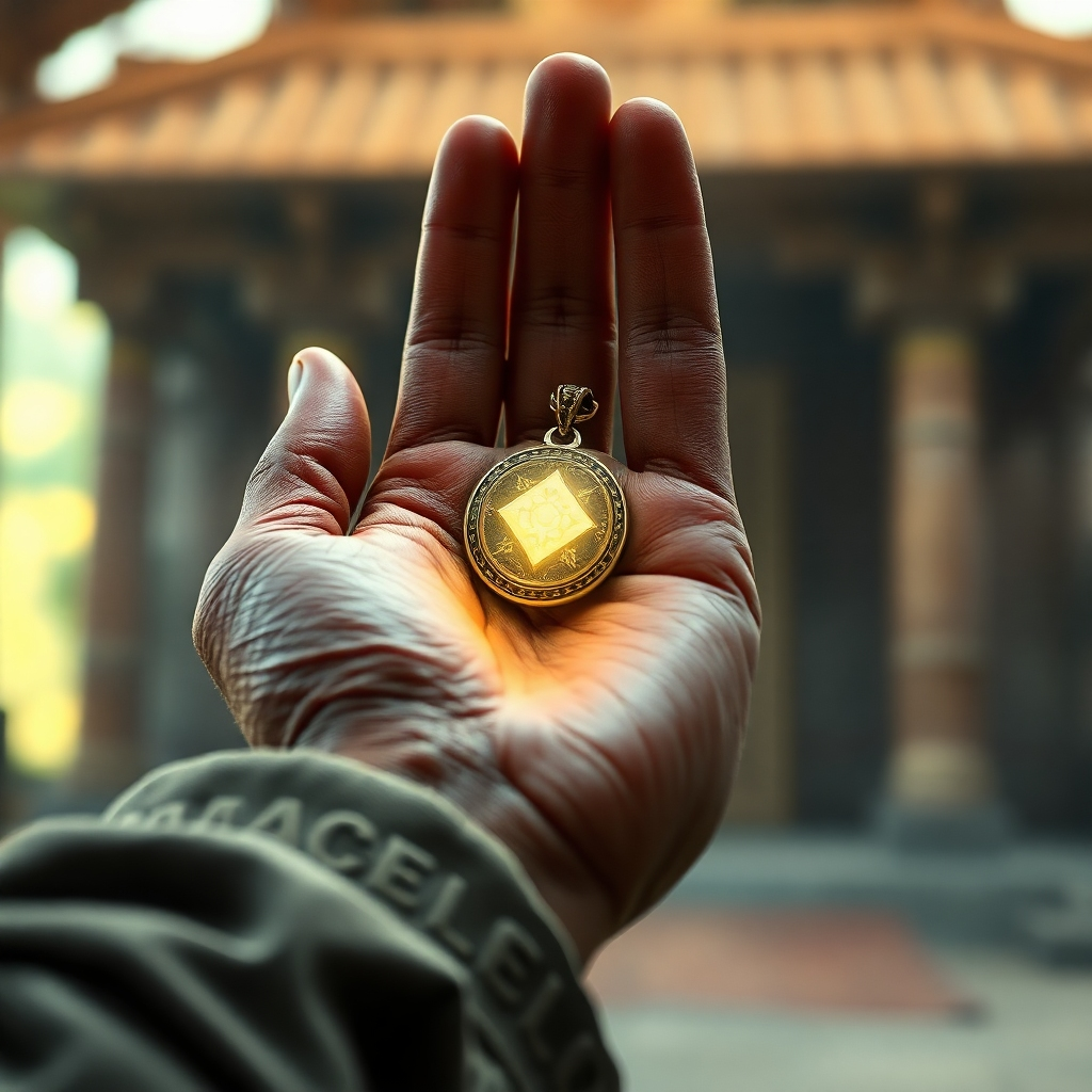 A close-up, photorealistic image of a weathered hand gently holding a glowing amulet. The background is blurred, suggesting a sacred space or temple. The lighting is soft and ethereal, creating a sense of reverence and mystery. The hand should have intricate details, such as lines and wrinkles, to convey wisdom and experience. The amulet is the focal point, radiating a gentle light that symbolizes its protective power. The style is reminiscent of classical paintings, with a focus on realism and emotional expression. 4k Resolution.