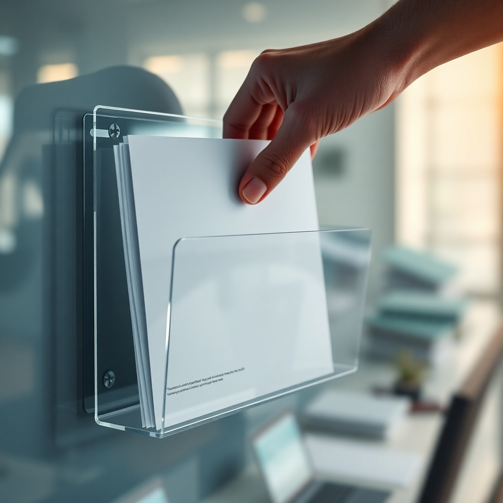 A close-up, photorealistic image of a person easily inserting and removing documents from a transparent acrylic wall-mounted document holder. The image should highlight the ease of access and the smooth, seamless process of using the holder. The background should be a blurred, out-of-focus workspace to emphasize the holder's usability.