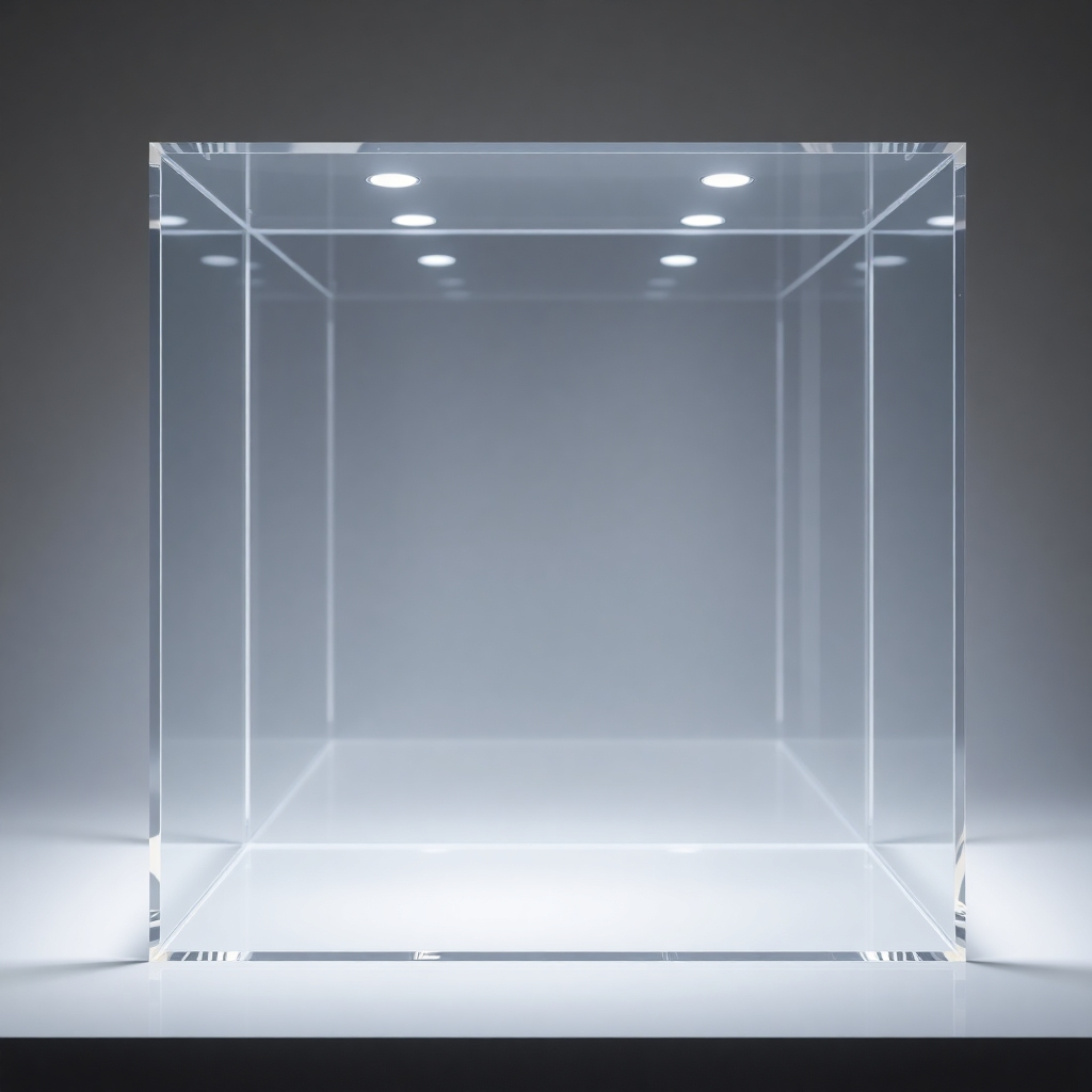 A close-up, photorealistic image showcasing the high-gloss finish and transparency of an acrylic soundproof box.  The box should be empty, highlighting its clarity and structural integrity. The lighting should be soft and diffused, highlighting the material's texture and showcasing its sleek, modern design.  Include subtle reflections to emphasize its polished surface.