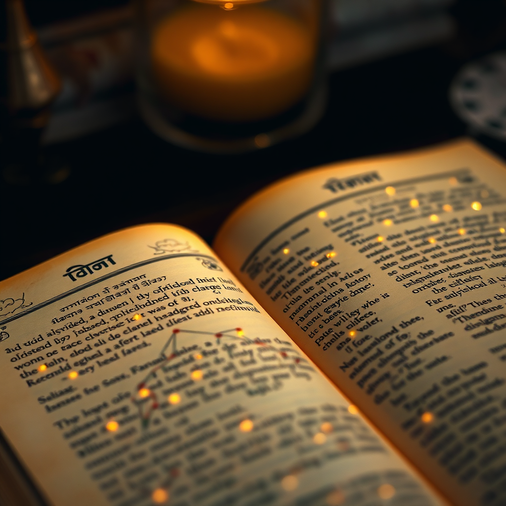 A close-up, photorealistic image of an open ancient Thai astrological text, with glowing constellations visible on the pages. Soft, golden light illuminates the text. Camera angle: macro, focusing on the details of the aged paper and intricate script. The color palette is warm and inviting.