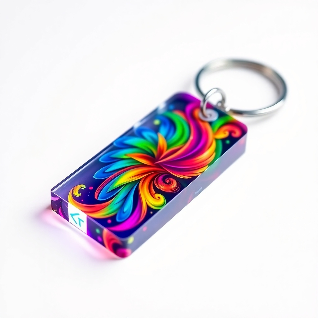A close-up photorealistic image of a vibrant, colorful acrylic keychain with a highly detailed design printed using UV printing technology.  The image should showcase the sharpness and clarity of the print, highlighting the rich colors and fine details. The background should be clean and minimalist, focusing attention on the keychain's design and the quality of the UV printing.