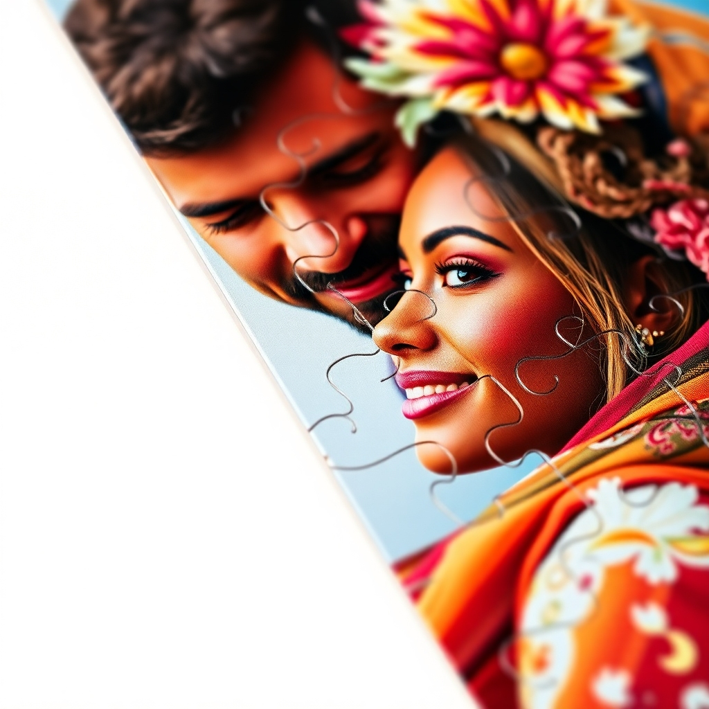 A close-up photorealistic image of a completed jigsaw puzzle showing a vibrant and colorful couple's portrait, printed with a high-quality UV printing process. The image should highlight the sharpness and detail of the print, with rich and saturated colors.  Focus on the texture of the puzzle pieces and the smoothness of the print. The lighting should be soft and even, showcasing the quality of the print without harsh shadows. The background should be simple and uncluttered to keep the focus on the puzzle.