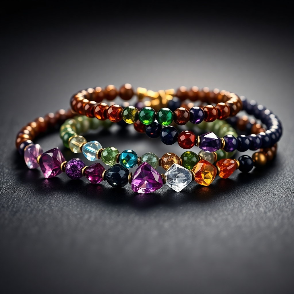 A close-up photorealistic image showcasing a collection of different bracelets, each made with a unique gemstone corresponding to a day of the week. Each bracelet should be meticulously detailed, highlighting the unique color, texture, and shine of the gemstone.  The background should be a dark, elegant surface that contrasts the brilliance of the stones, with soft, diffused lighting that emphasizes their beauty. The image should convey a sense of mystery, power, and the unique energy associated with each gemstone. The overall style should be sophisticated and mystical, appealing to those seeking spiritual enhancement.