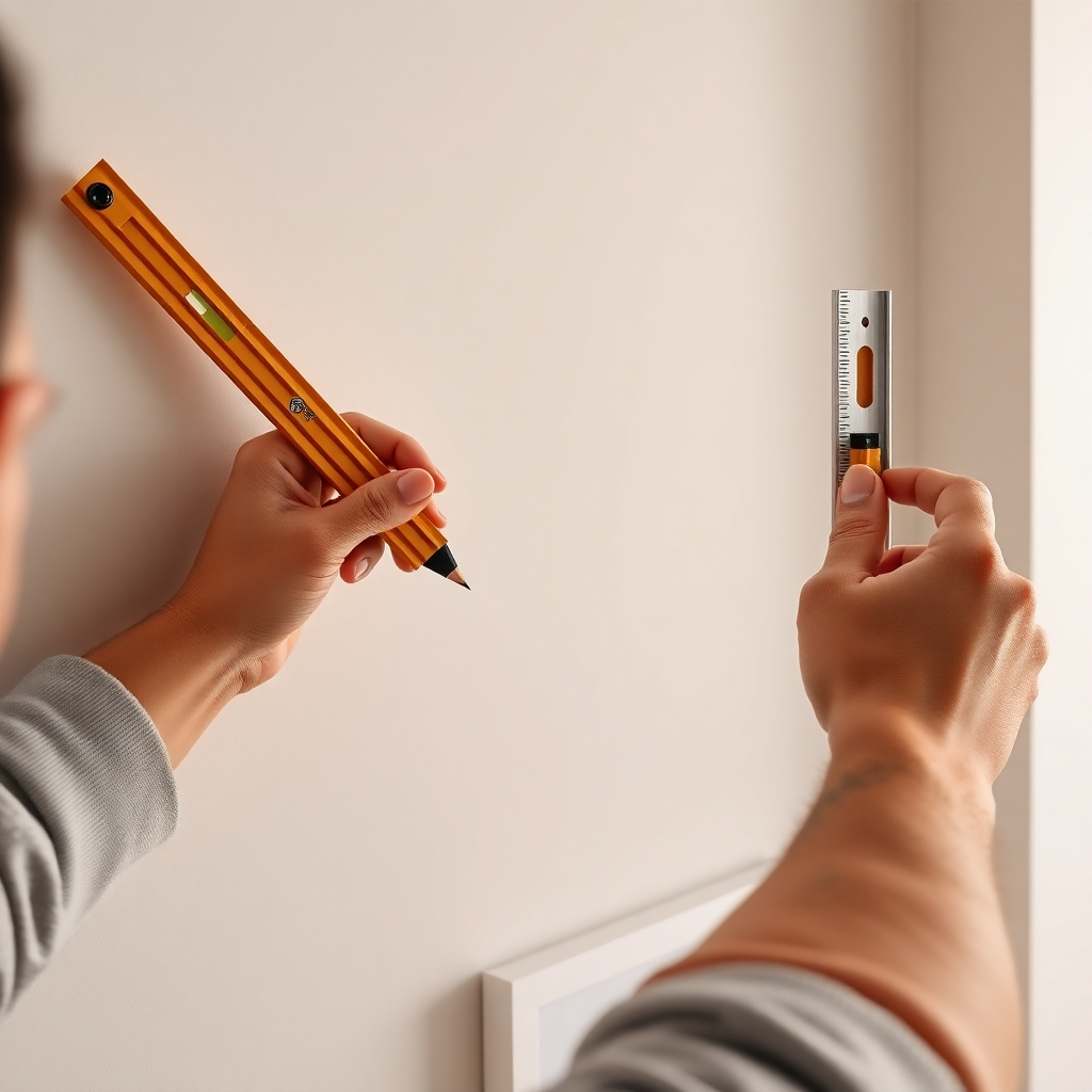 A close-up photorealistic image showing a person carefully measuring the wall with a level and pencil, marking the exact position for mounting an acrylic picture frame. The wall should be light-colored, and the frame should be visible in the background, perhaps resting on the floor. The image should emphasize precision and attention to detail.