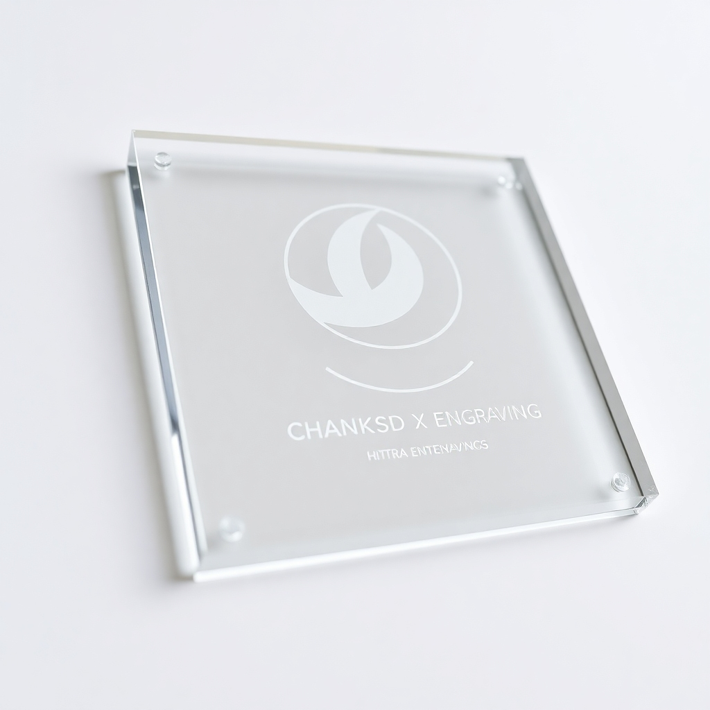 A close-up photorealistic image of a laser-engraved acrylic plaque with intricate details, showcasing the sharpness and precision of the laser engraving.  The background should be a clean, neutral color to highlight the quality of the engraving.  The plaque could feature a company logo or a sophisticated design. Lighting should emphasize the depth and clarity of the engraving.