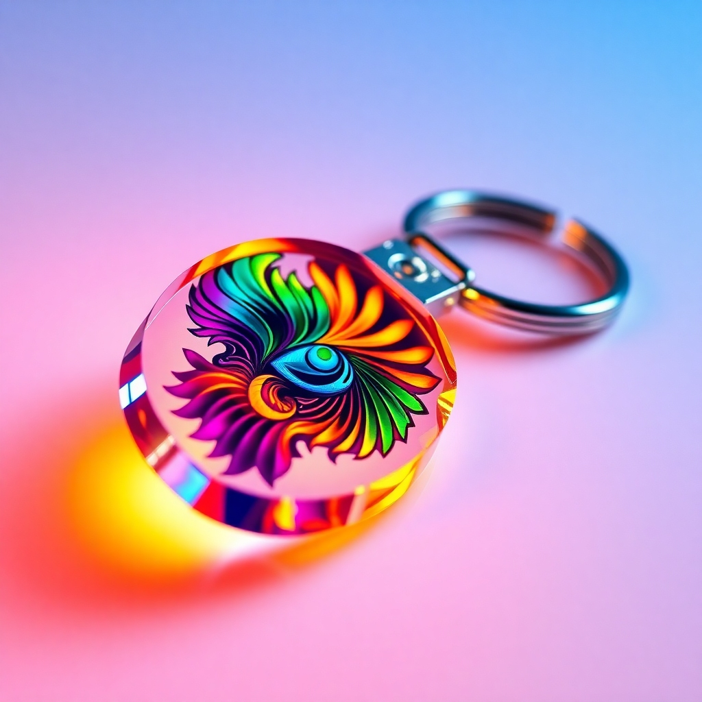 A close-up photorealistic image of a vibrant, colorful acrylic keychain with a highly detailed design printed using UV printing. The keychain should show sharp details and rich colors, showcasing the high-quality printing technique.  The background should be clean and simple, allowing the keychain to be the focal point. The image should be well-lit and sharp, highlighting the gloss and clarity of the UV print.