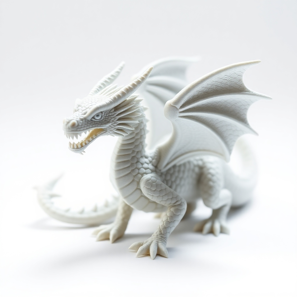 A close-up photorealistic image of a 3D printed miniature dragon figurine made from PLA plastic, showcasing intricate scales and details. The background should be a clean white, highlighting the fine details and texture of the print. The lighting should be soft and even, avoiding harsh shadows. The image should emphasize the precision and quality of the 3D printing.