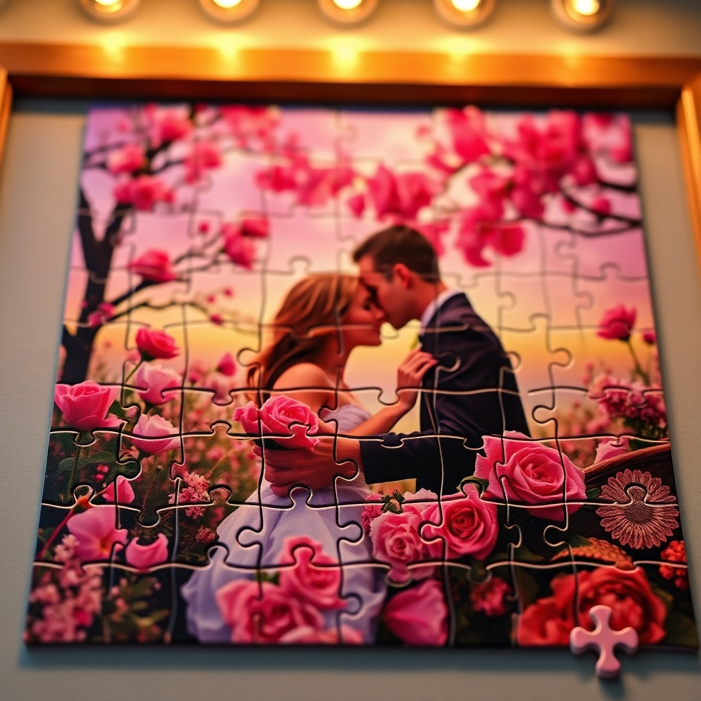 A close-up photorealistic image of a high-quality jigsaw puzzle with a romantic image printed on it. The puzzle is assembled and showcases vivid, lifelike colors. The puzzle is in a stylish frame, enhancing its presentation as a gift. The lighting is soft and warm, highlighting the details and quality of the print. High-resolution, 4k quality, ultra-realistic.