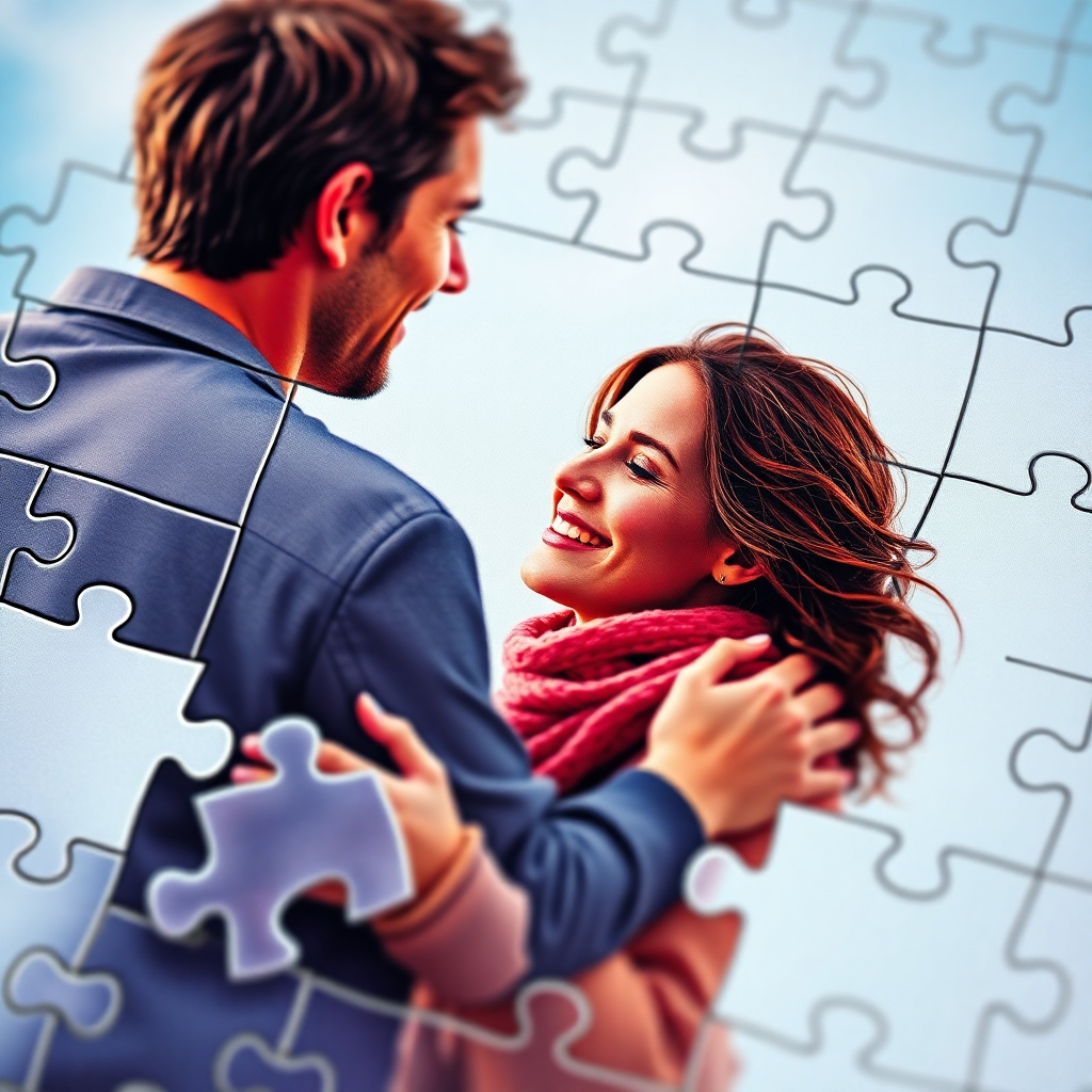 A close-up photorealistic image of a high-quality jigsaw puzzle depicting a loving couple. The puzzle is printed with vibrant colors using a 4-layer UV printing system. Focus on the sharpness and detail of the image, highlighting the realistic and vivid colors. Show a portion of the assembled puzzle with a few unplaced pieces nearby, and ensure the image shows the high resolution and vibrant color saturation possible with 4-layer UV printing.