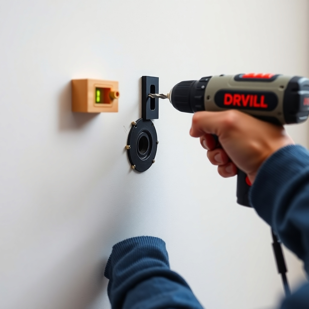A close-up photorealistic image showing hands carefully drilling a hole into a wall using a power drill. The focus should be on the precise drilling technique, with visible details such as the drill bit, the wall material, and a level to ensure straight drilling.  The image should show the process of preparing the wall for picture frame installation. The background should be a simple wall with minimal distractions.