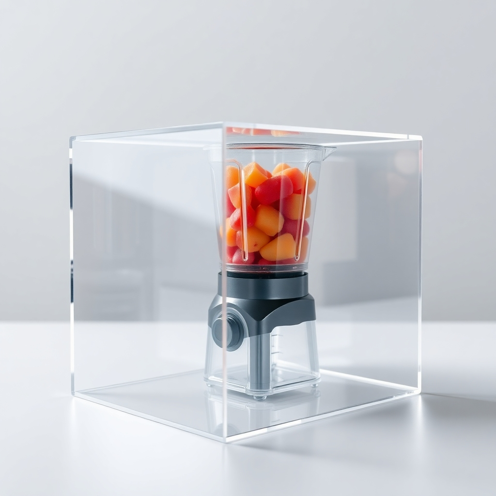 A close-up, photorealistic shot of a high-quality, transparent acrylic box with a blender inside.  The image should highlight the clarity and thickness of the acrylic material, showcasing its durability and resilience. The lighting should be even and bright to showcase the clarity.