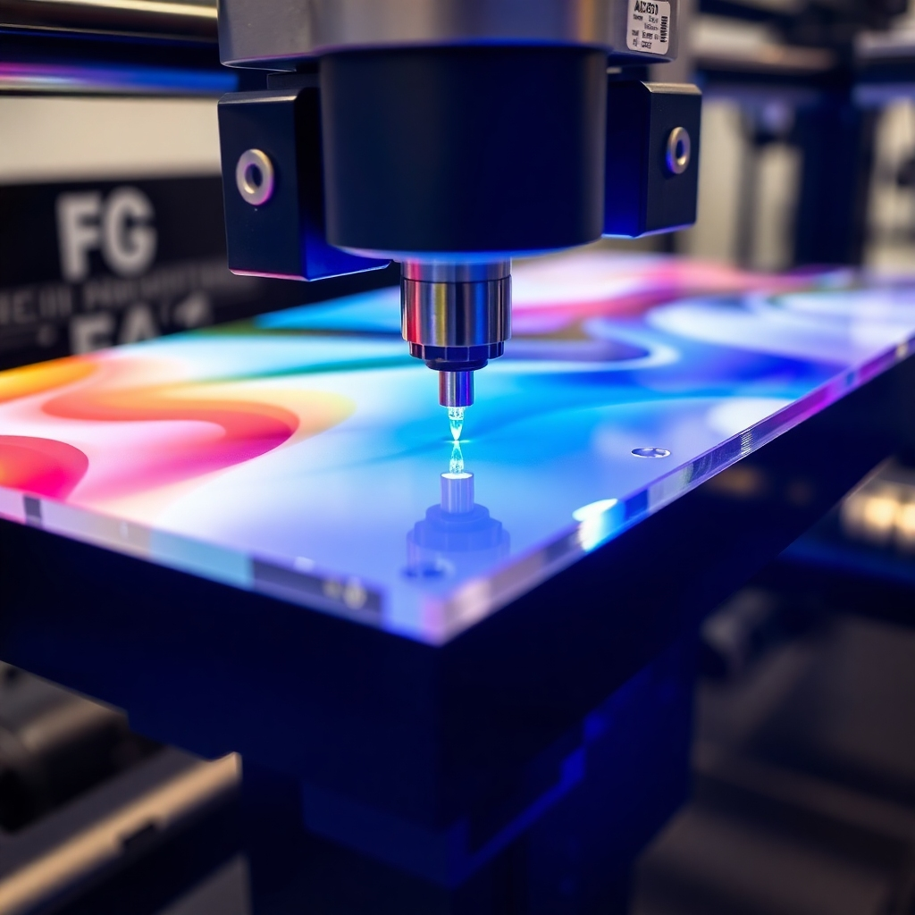 A close-up photorealistic shot of an acrylic standee being printed with UV ink. The focus is on the printing head applying the vibrant colors onto the smooth acrylic surface. The lighting is bright and focused, highlighting the precision of the printing process. The background shows a blurred image of the printing machine. The style is technical and precise, emphasizing the high-quality materials and printing techniques used.