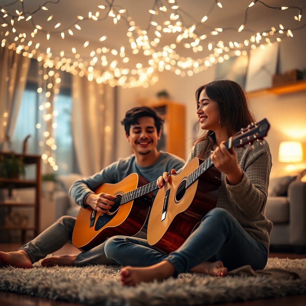 A close-up photorealistic shot of a young man serenading a young woman with an acoustic guitar under a canopy of twinkling fairy lights. They are seated on a plush rug in a cozy living room. Soft light creates a warm, intimate atmosphere.  The image focuses on the emotional connection between them, highlighting their joy and intimacy.