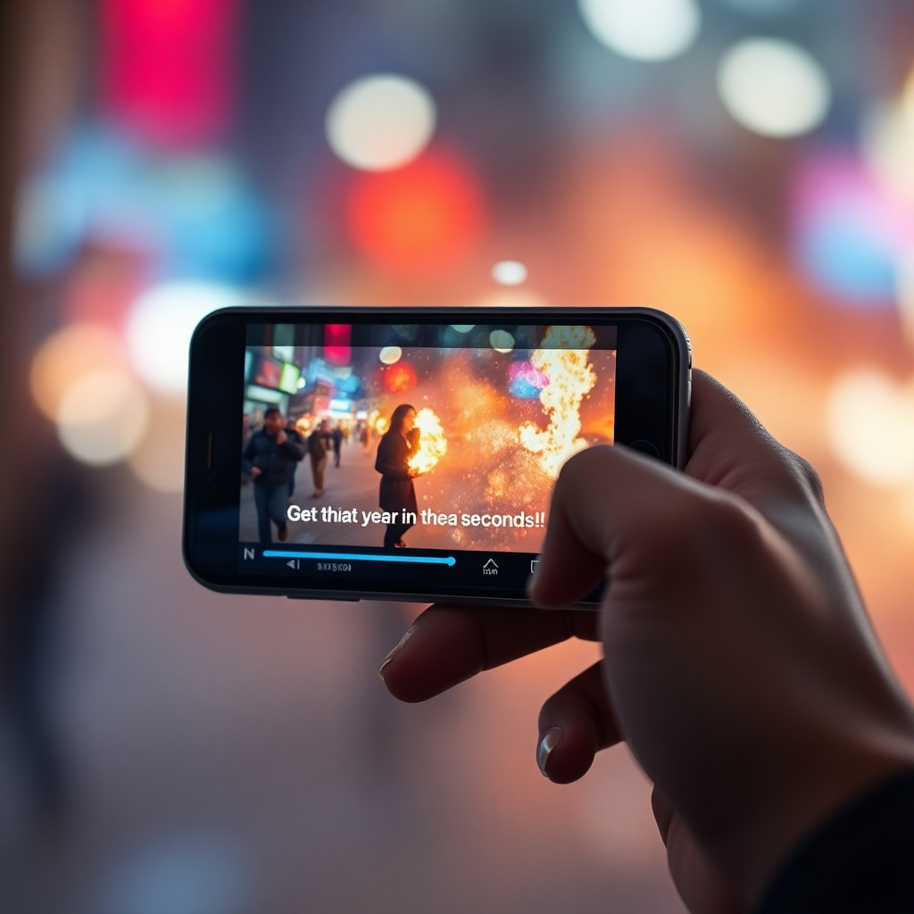 A close-up shot of a captivating video playing on a phone screen. The video shows a dynamic scene with exciting visuals and text overlay that grabs attention within the first three seconds. The background should be blurred, focusing the viewer's attention on the phone's screen, emphasizing the immediate impact.