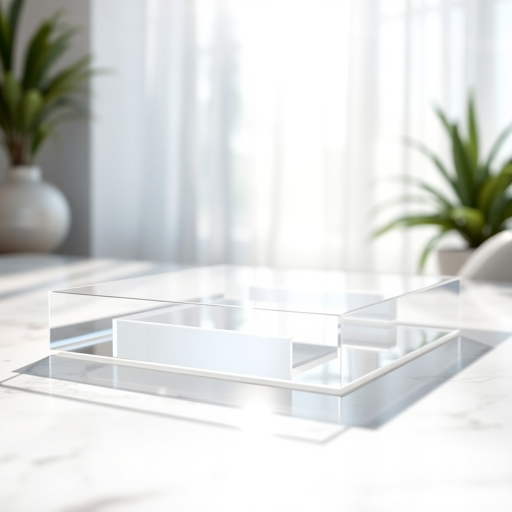 A close-up shot of a clear acrylic tray on a white marble surface, showcasing its transparency and sleek design.  Sunlight is gently illuminating the tray, highlighting its reflective quality.  The background is blurred, focusing attention on the tray's details. High-resolution, photorealistic, detailed textures, 8k