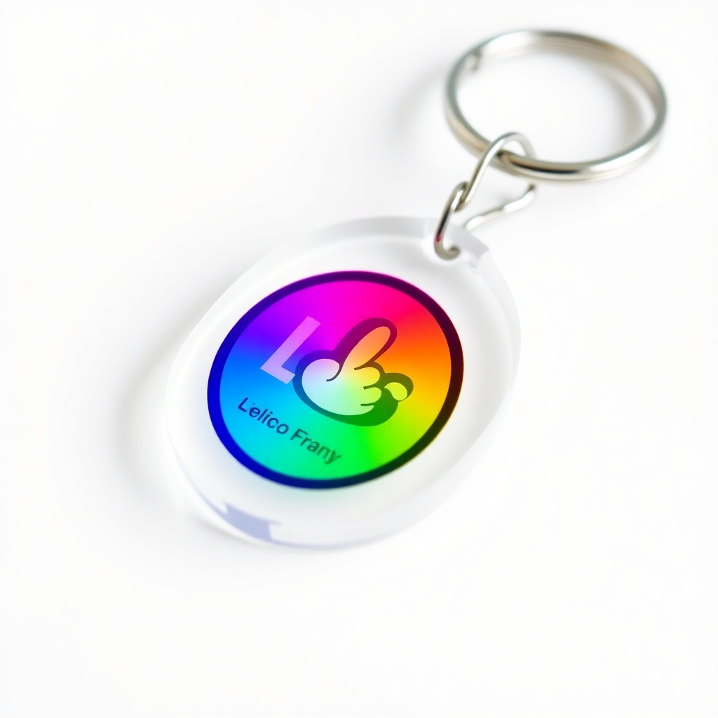A close-up shot of a colorful acrylic keychain with a company logo screen-printed on it. The logo is vibrant and clear, showcasing high-quality screen printing.  The keychain is displayed against a clean white background, highlighting the details of the print. The acrylic material should have a glossy finish, and the image should look photorealistic.