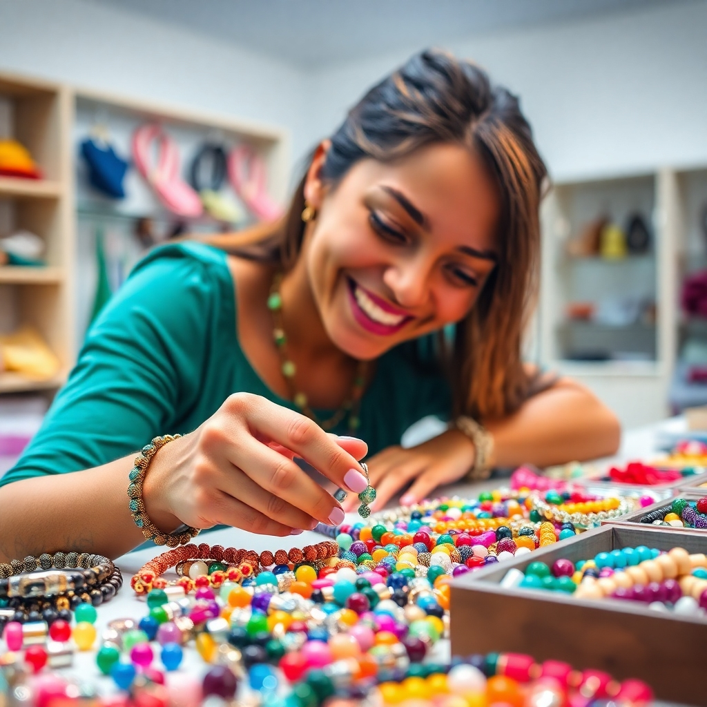 A close-up shot of a customer designing a gemstone bracelet. The table is filled with colorful beads and charms, allowing for endless customization options. The lighting is bright and even, highlighting the beauty of the materials. Focus on capturing the creativity and joy in the customer's expression. The style is vibrant and playful, showcasing the fun of designing a personalized bracelet. 4K resolution.