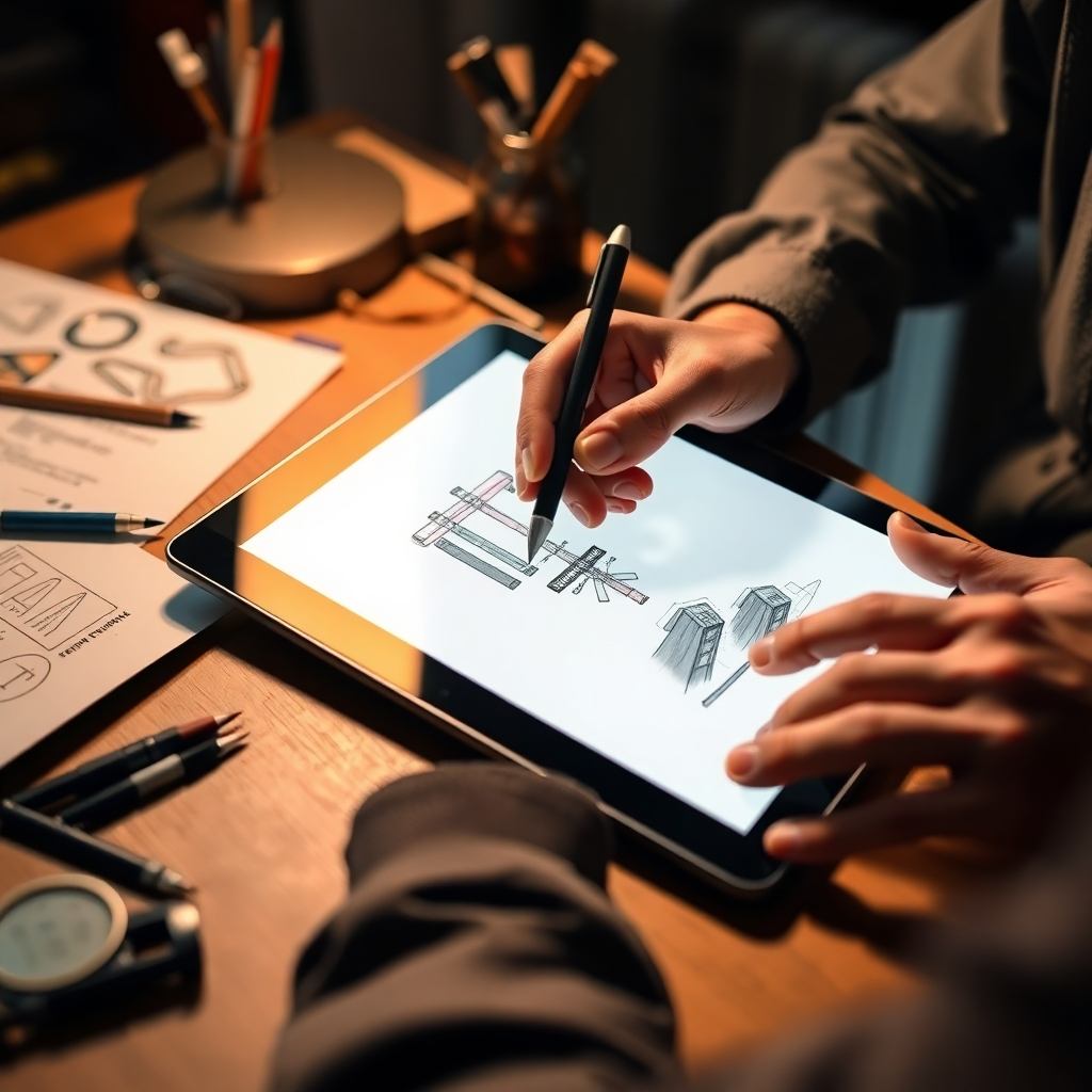 A close-up shot of a designer's hands sketching a standee design on a tablet, with various design tools and references scattered around. The lighting is warm and inviting, highlighting the creative process. The background is blurred to keep the focus on the design work. The style is artistic and professional, emphasizing the expertise of the design team.