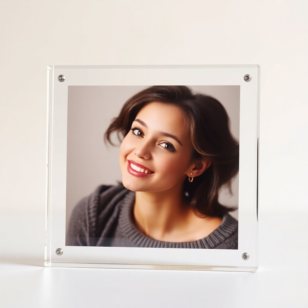 A close-up shot of a high-quality acrylic photo frame, showcasing its clarity, shine, and scratch resistance. The frame should be elegantly designed, perhaps with a minimalist style, highlighting the premium quality of the acrylic material.  The background should be a clean, neutral color to emphasize the frame's features.  The image should be photorealistic and highly detailed, emphasizing the clarity and brilliance of the acrylic.