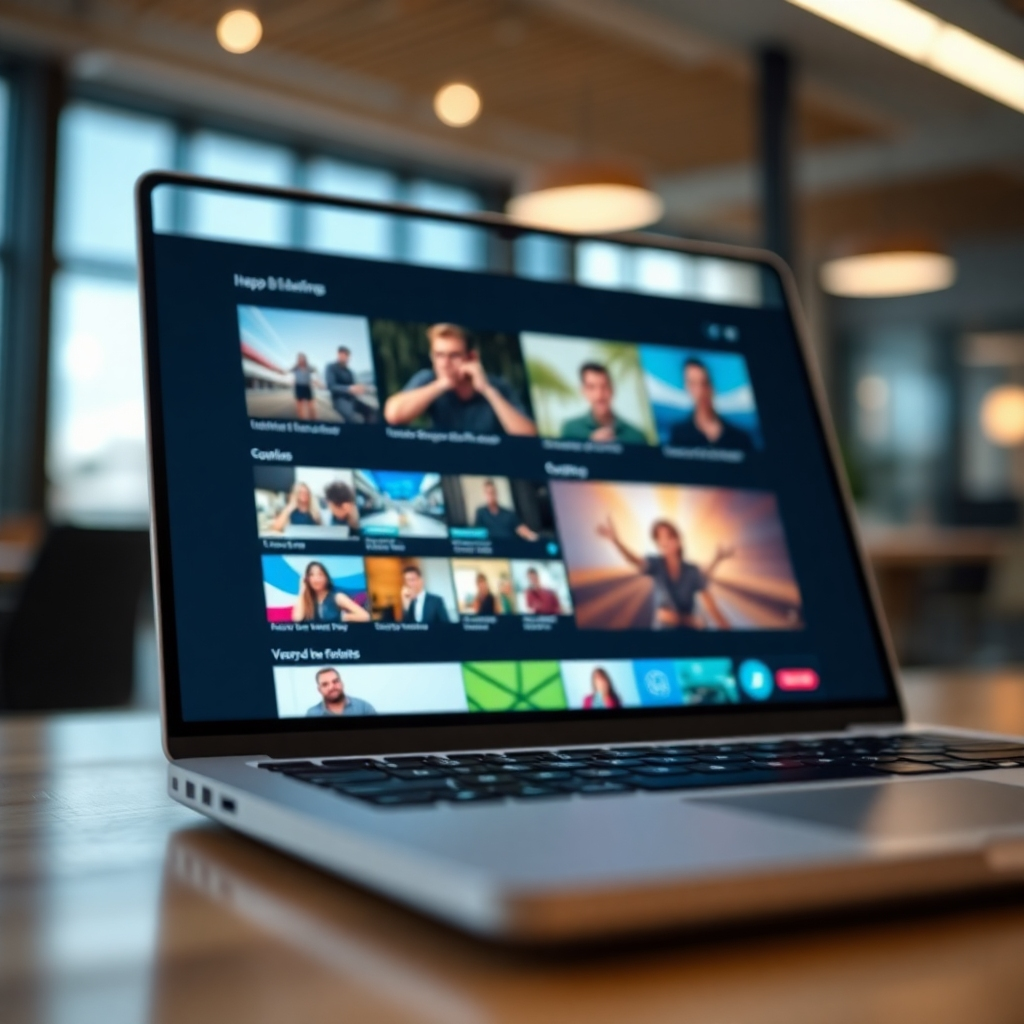 A close-up shot of a laptop screen displaying engaging and visually appealing content. The content should be diverse, including images, videos, and text. The background should be a blurred image of a modern office, suggesting a professional and creative environment.  High-resolution photorealistic image.