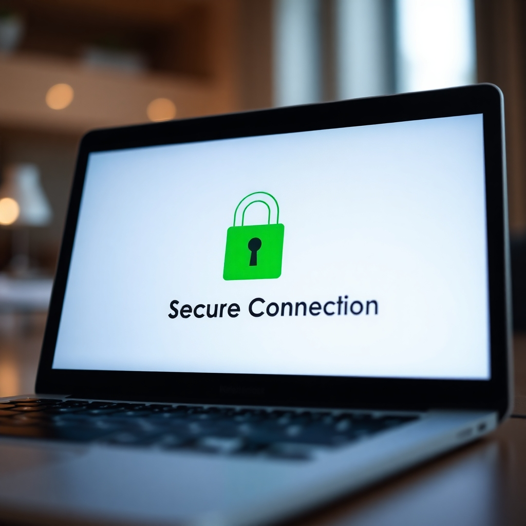 A close-up shot of a laptop screen displaying a website with a prominent green padlock icon and the text "Secure Connection" clearly visible. The background should be slightly blurred, focusing attention on the security icon. The image should feel modern and trustworthy.