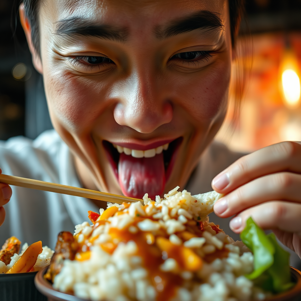 A close-up shot of a person enjoying a delicious serving of 'ปลาส้ม' or 'ปลาร้า' with rice and other side dishes. Focus on the expression of enjoyment on their face. Use soft, warm lighting to create an inviting atmosphere. Capture the textures of the food. 4K resolution.