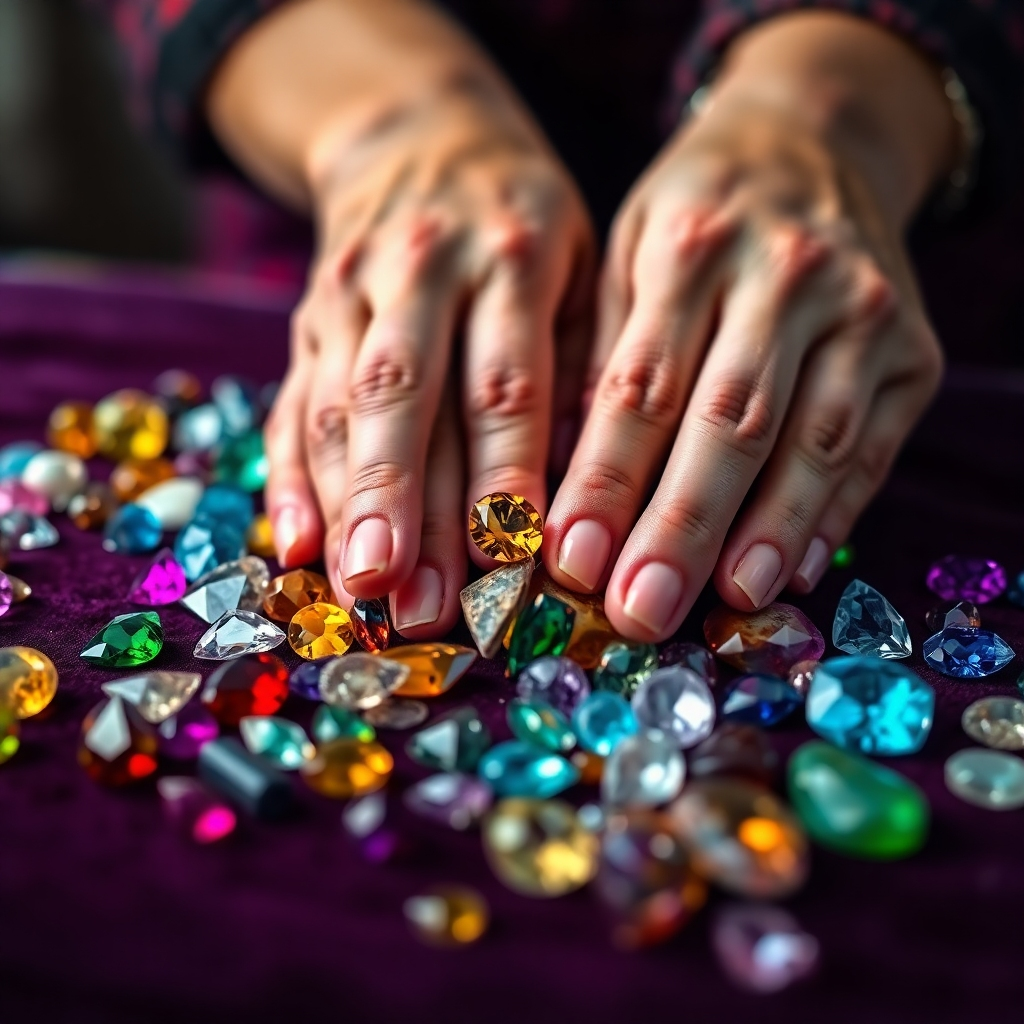 A close-up shot of a person's hands carefully selecting various gemstones from a collection.  The gemstones should be vibrant and diverse in color and texture, displayed on a luxurious velvet surface. The background should be softly blurred, focusing attention on the gemstones and hands.  The overall mood should be serene and mystical, highlighting the careful selection process.